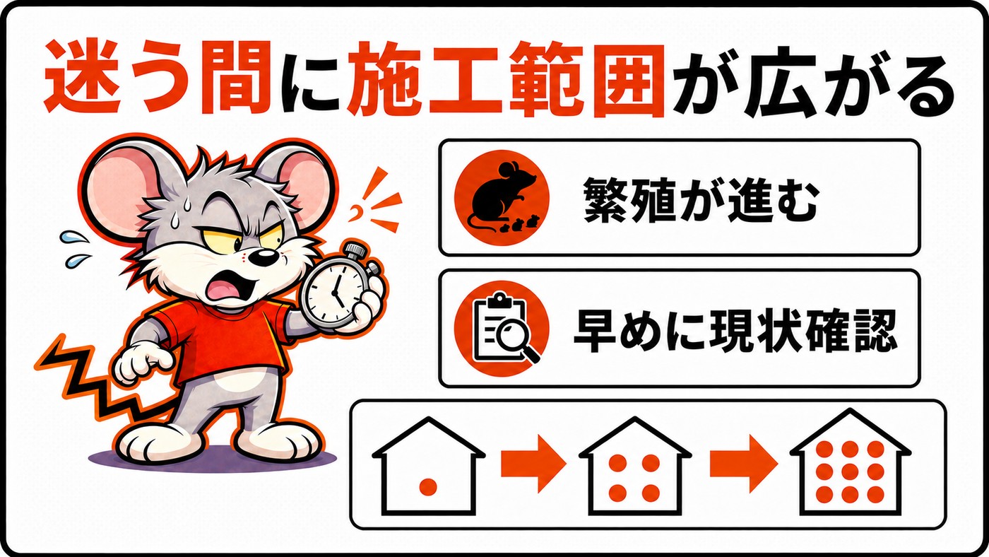 迷っている間に施工範囲が広がることを示す図。繁殖が進む、早めに現状確認の2点と、被害が1か所から家全体へ広がる3段階