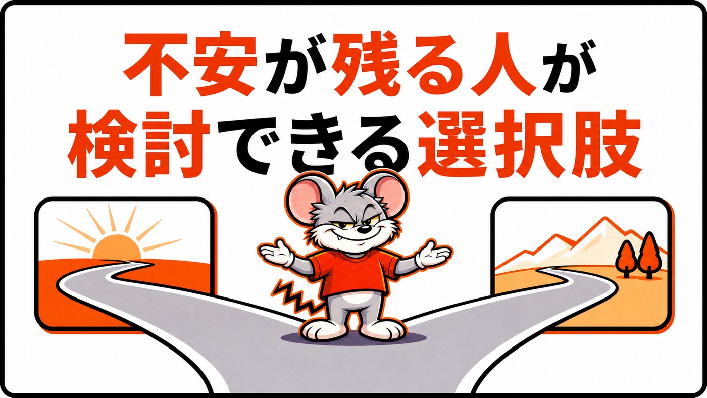 ROY株式会社に不安が残る人が検討できる選択肢を示す章の扉絵。分かれ道に立つキャラクター