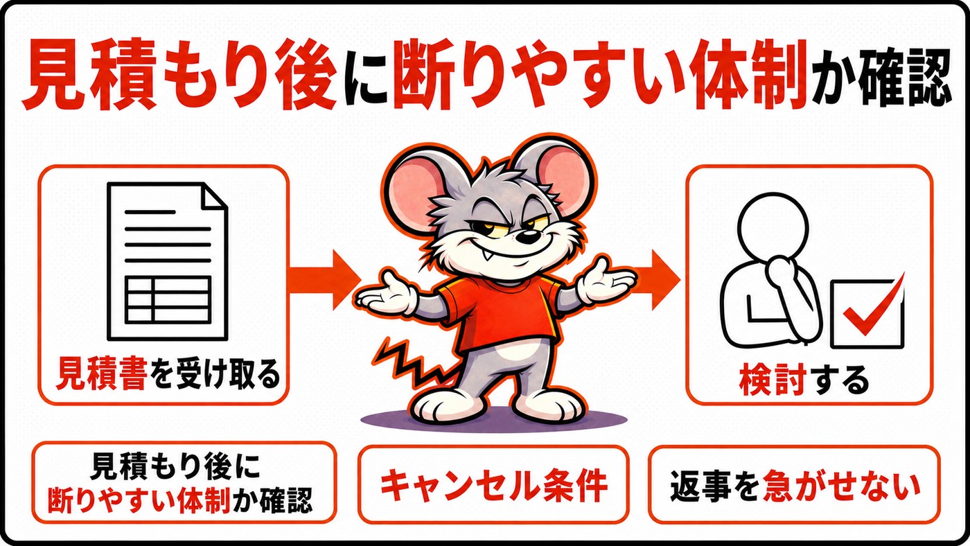 見積もり後に断りやすい体制かを確認することを示す図。見積書を受け取り検討する流れと、キャンセル条件、返事を急がせないという確認項目
