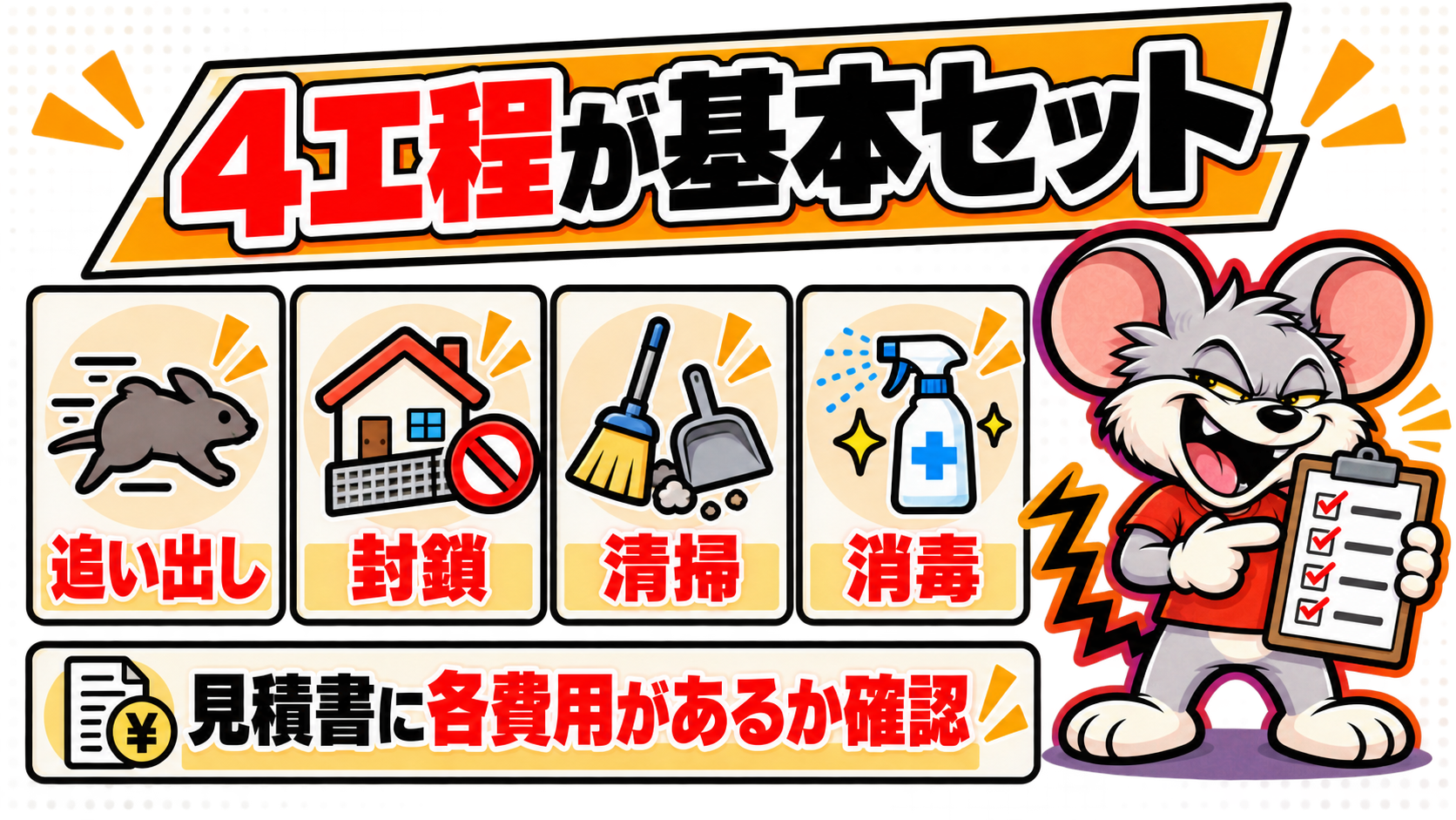 追い出し、封鎖、清掃、消毒の4工程が基本セット
