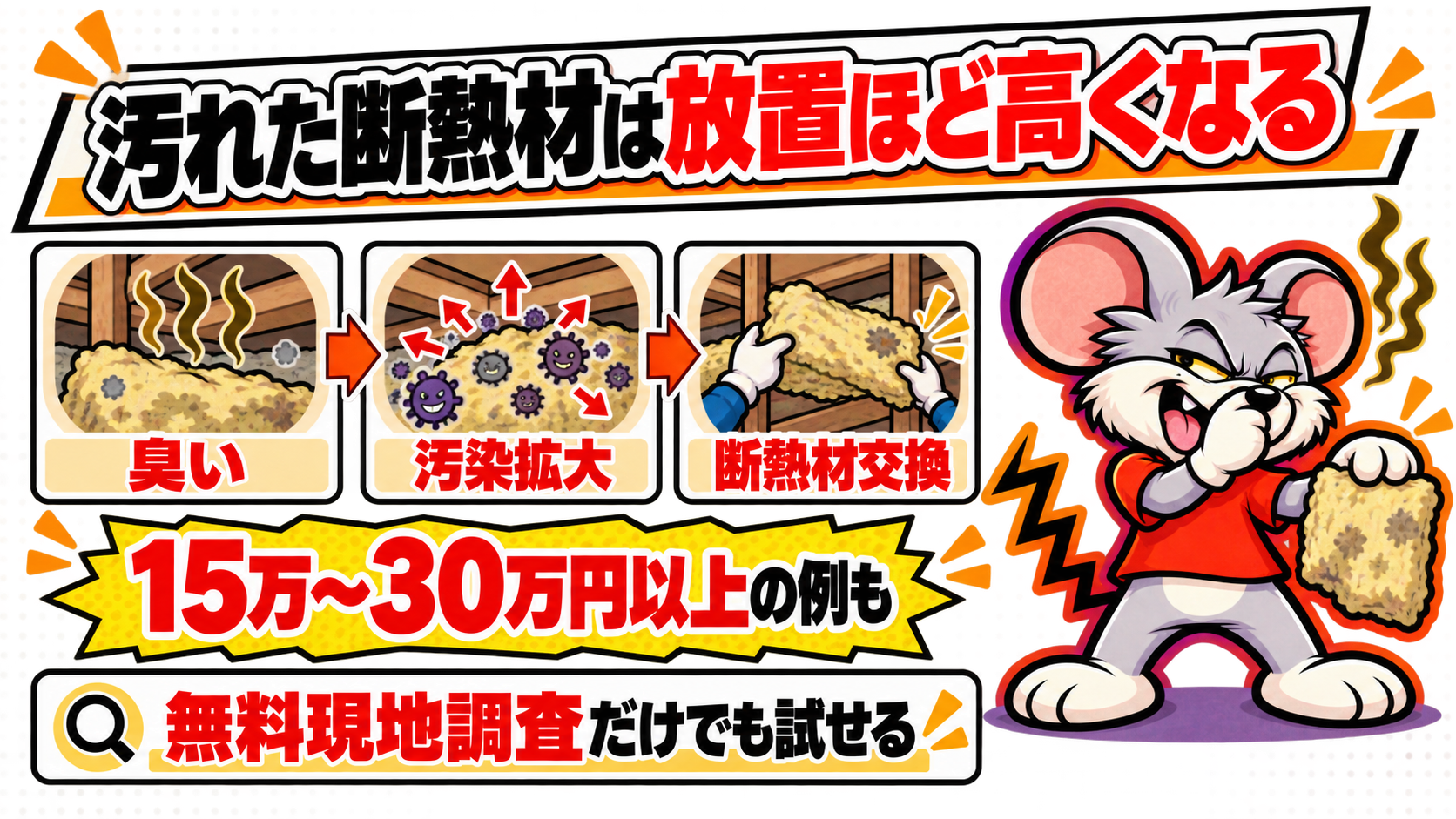 フン尿で汚れた断熱材は放置するほど交換費用が膨らむ