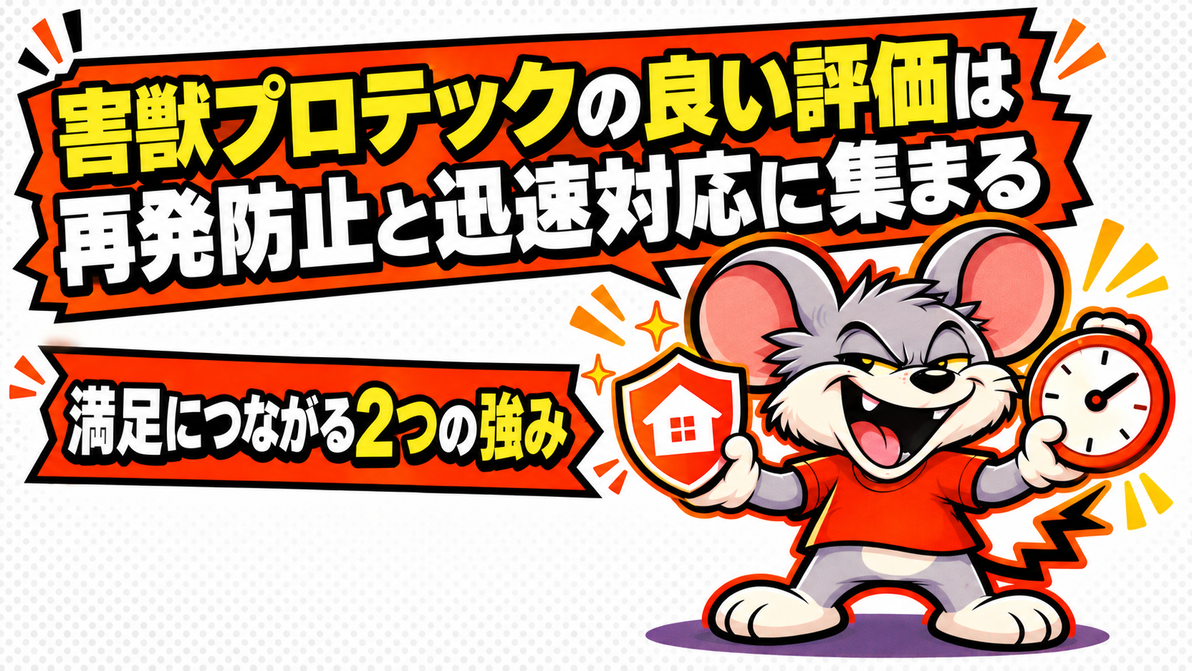 害獣プロテックの良い評価は再発防止と迅速対応に集まるの概要を図解したスライド