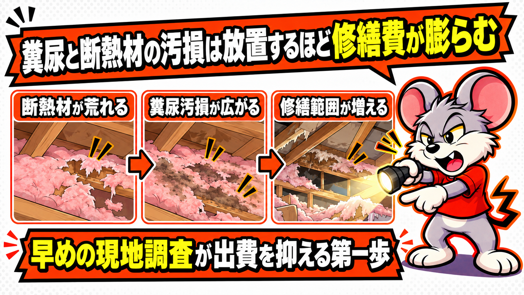 糞尿と断熱材の汚損は放置するほど修繕費が膨らむを解説したスライド
