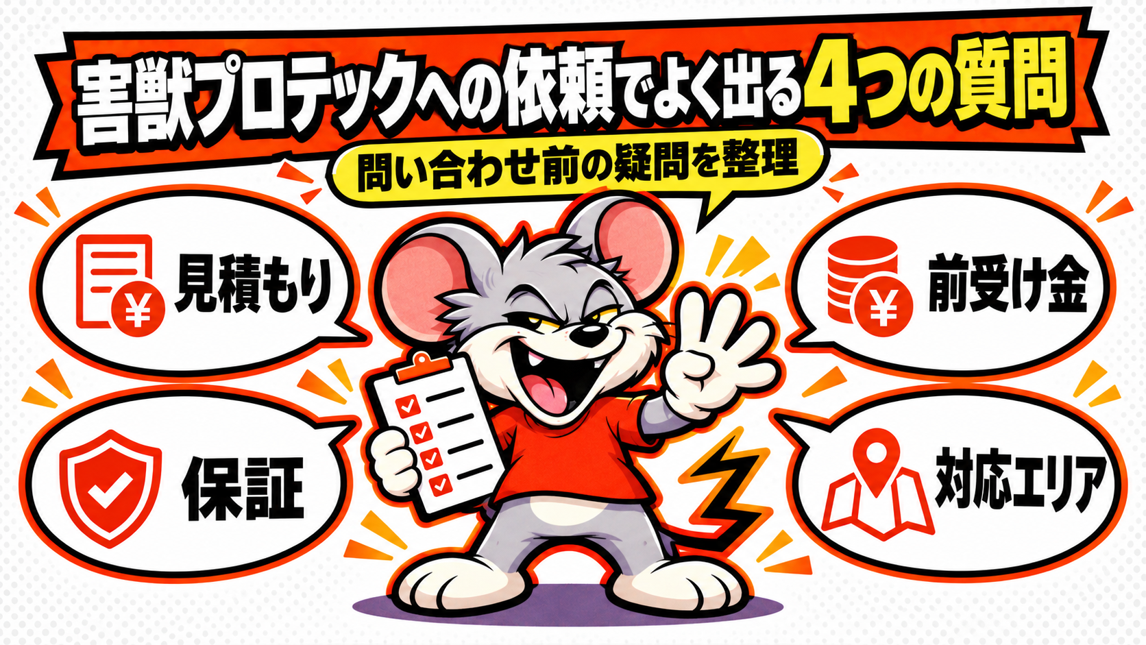 害獣プロテックへの依頼でよく出る4つの質問の概要を図解したスライド