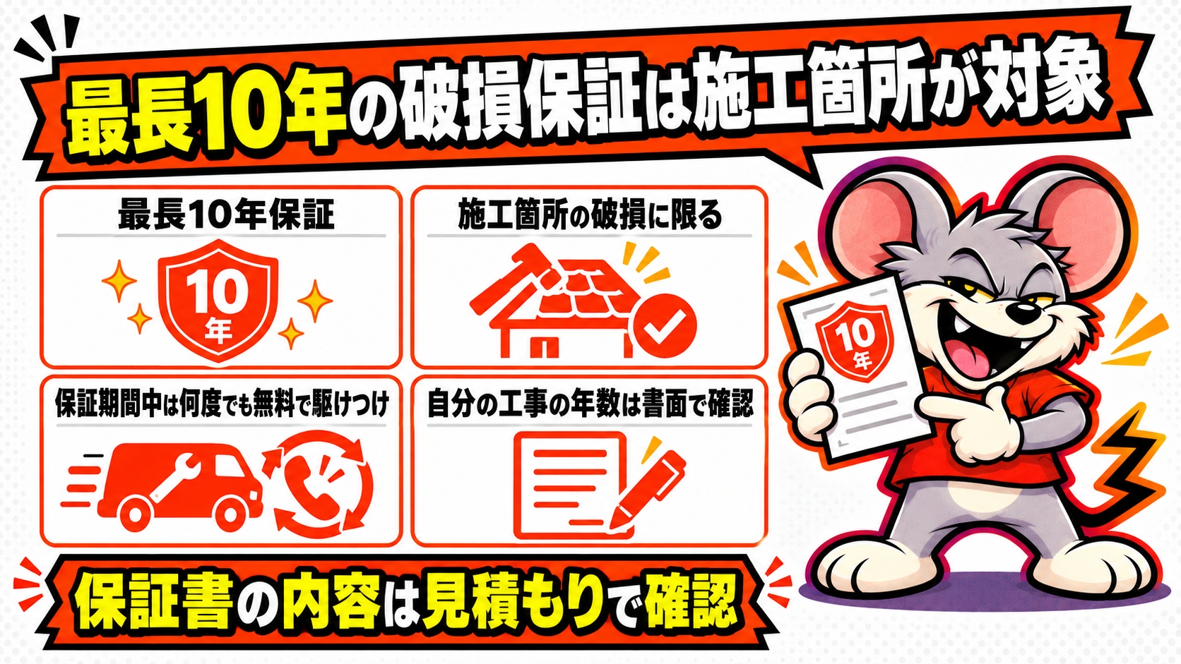 ペスコンProの最長10年の破損保証は施工箇所の破損が対象であることを示した図解