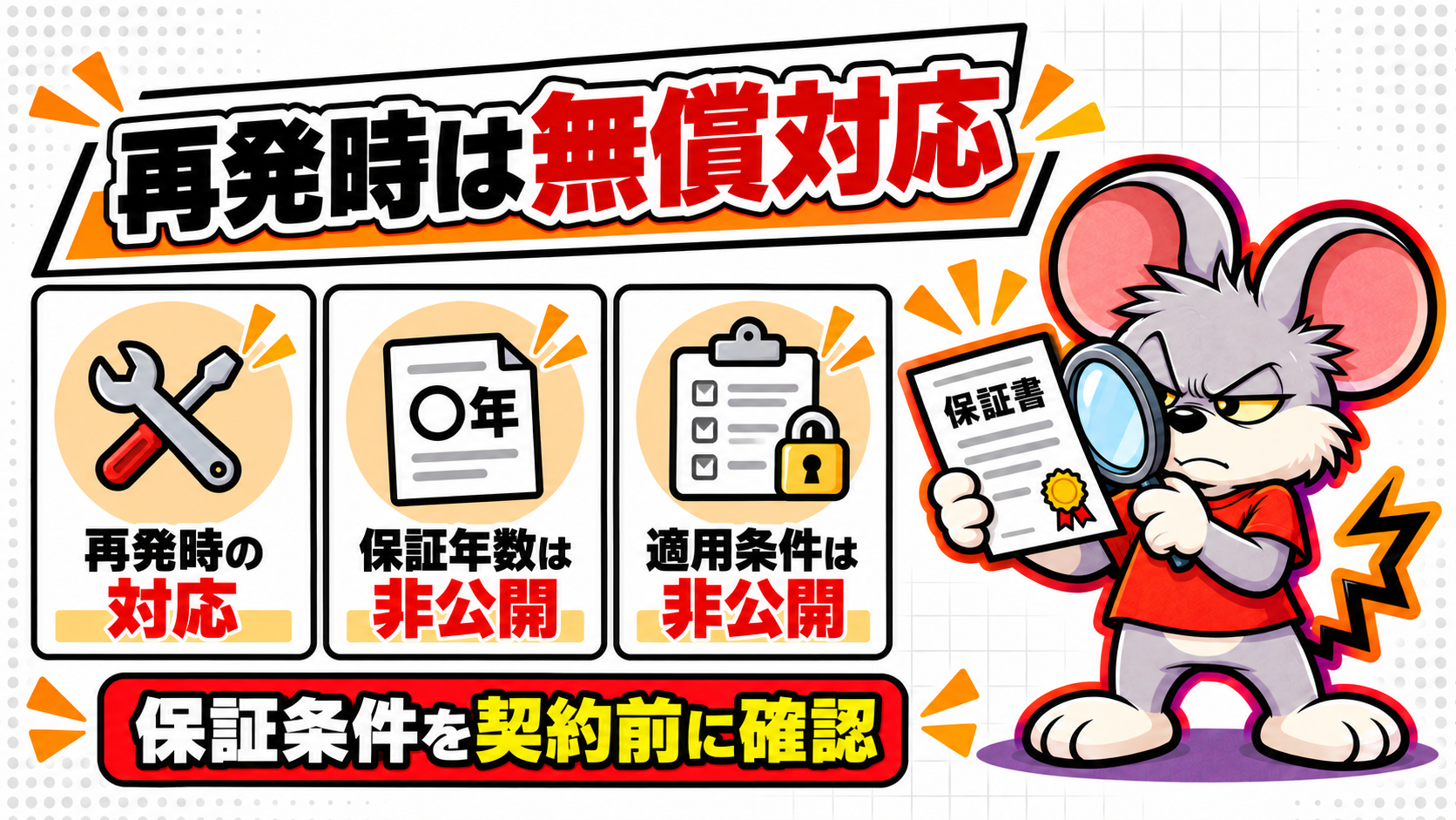 保証は再発時に無償対応するが年数と条件は非公開